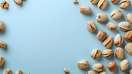 Obraz premium Scattered pistachio nuts on a blue background. Flat lay composition with copy space. Nutritional snacks concept for design and print.