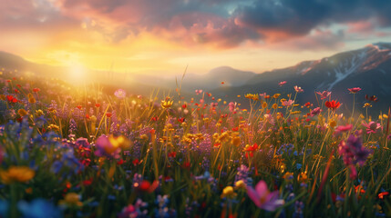 Colorful spring sunrise on meadow
