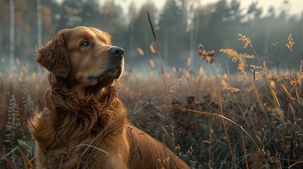 A brown dog is standing in a field of tall grass - Powered by Adobe