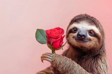 Threetoed sloth clutching a red rose between its furcovered paws. Valentines Day. Copy Space. Generative AI