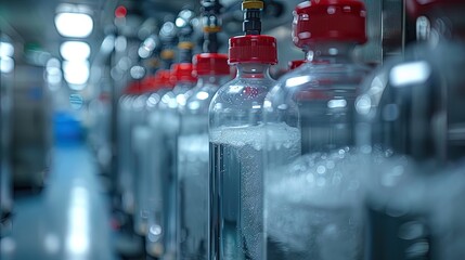 A row of bottles with red lids and clear bottles with bubbles in them