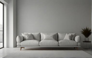 White minimal living room interior with sofa and blank wall