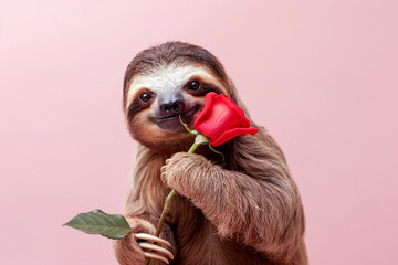 A terrestrial animal, a sloth, is holding a red rose in its mouth. Valentines Day. Generative AI
