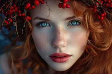 Fototapeta premium Vivacious Beautiful red hair girl outdoor photo. Model beauty young outfit emotive. Generate Ai