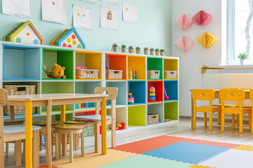 Furniture, shelving, and toys in a yellowthemed kindergarten classroom. Generative AI