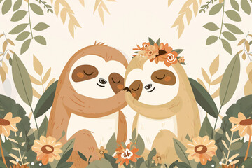pair. Wedding. Happy sloths embracing in a flowery field wearing sunglasses. Generative AI
