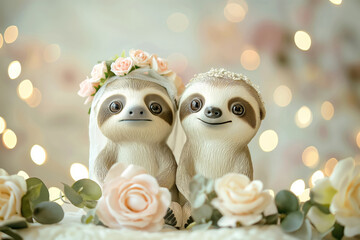 Wedding. Two sloths in flower crowns sitting on table, happy and cute. Generative AI