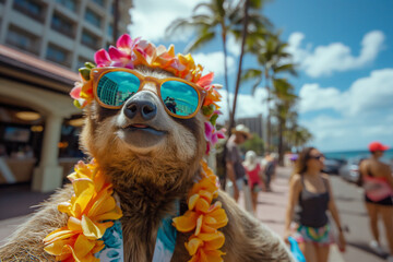 Honolulu. A happy sloth in sunglasses and lei stands on sidewalk enjoying leisure travel. Generative AI