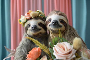 Wedding. Two sloths with flower crowns posing happily for a photo. Generative AI