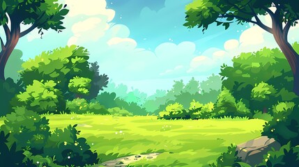 A serene forest clearing under a tranquil blue sky