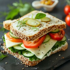 Delicious Vegetarian Sandwich on Whole Grain Bread with Cheese and Fresh Vegetables