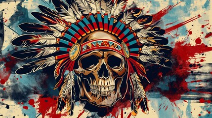 Artistic Skull Illustration in Traditional Native American Headdress with Vibrant Colors and Abstract Background