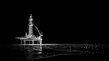 Oil and gas industry rig. Drilling platform in the sea on the black background. Copyspace