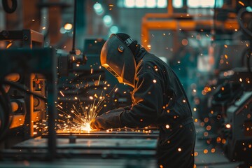 Fototapeta premium Industrial steel manufacture in factory, welder working. Welding metal equipment, focus on safety..