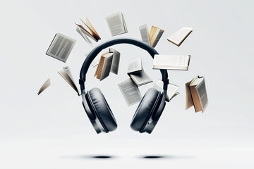 Headphones framed by books, illustration, audiobook concept