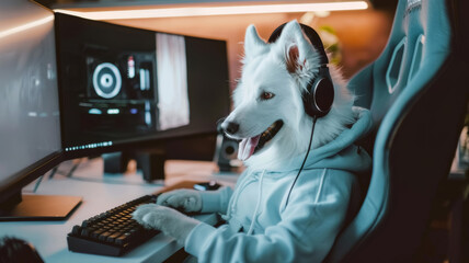 A cute white Samoyed dog in a blue hoodie with fashionable headphones sits in the office 