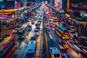 Night cityscape, traffic on streets in Asian city. Cars and business in urban road transportation..