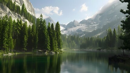 Peaceful lake surrounded by towering trees and mountains