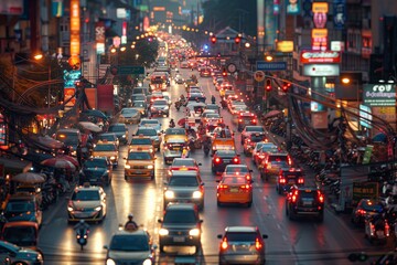 City road traffic, busy urban transportation with cars. Rush hour on highway, vehicles in motion..