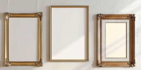 Vintage Gallery Wall Mockup: Three Elegant Frames on Solid White Wall