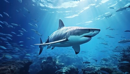 Fototapeta premium The great White Shark in the ocean, portrait of White shark hunting prey in the underwater