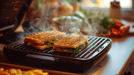 Two paninis grill to perfection on a panini press, with steam rising around them in a cozy kitchen setting, highlighting the warmth and deliciousness of the cooking process