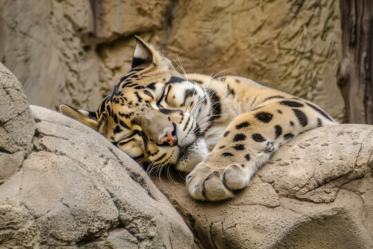 Cozy image of a clouded leopard napping peacefully on a rock, blending perfectly with the rocky texture, capturing a moment of serene relaxation in a naturalistic habitat