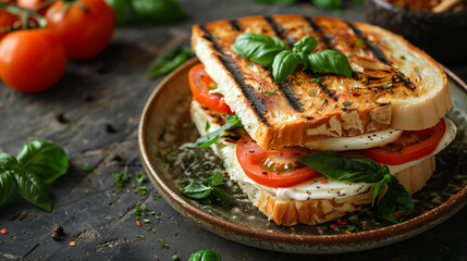 A beautifully crafted panini filled with mozzarella, fresh tomato slices, and basil leaves, grilled...