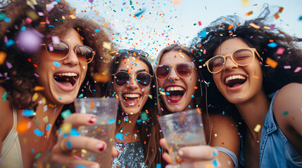 Group of young women celebrating with drinks and confetti. Outdoor festive concept photography with copy space. Celebration and party concept for design and greeting card