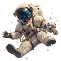 Astronaut in zero gravity. Cosmonaut in space. Human in protective suit. Isolated on white transparent background