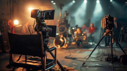 Busy movie set atmosphere with vibrant lighting and crew in action, suitable for film industry events