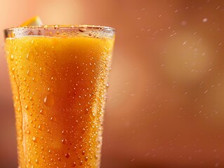 Chilled orange juice glass with condensation droplets