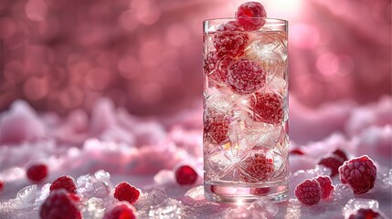   A glass filled with ice and topped with raspberries sits atop a stack of ice cubes on a table
