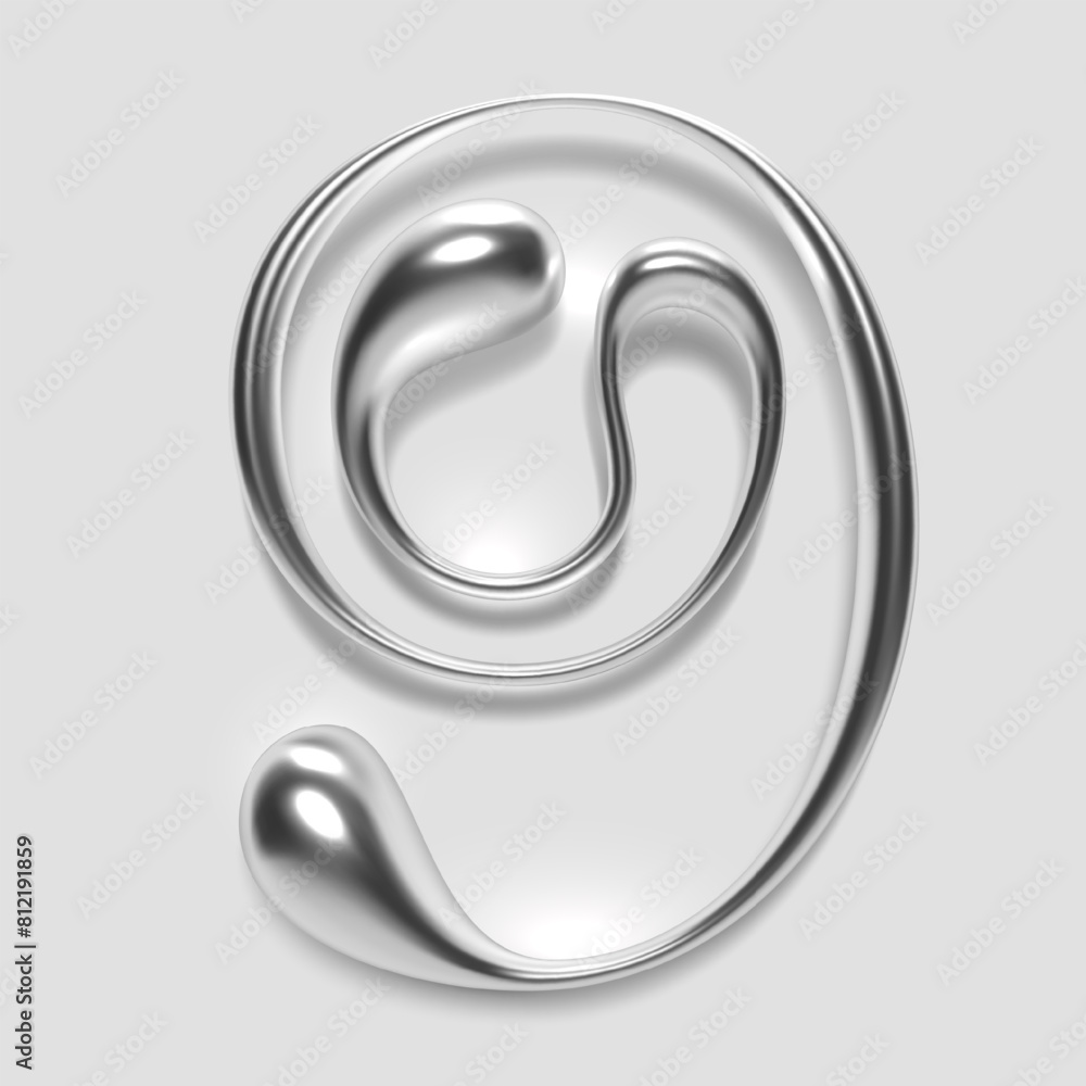 Poster 3d chrome number nine, numeral 9 in dripping liquid metal with glossy shiny reflective surface. abst