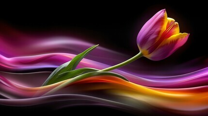   A pink tulip on a green stem against a black background with a wave of light behind it