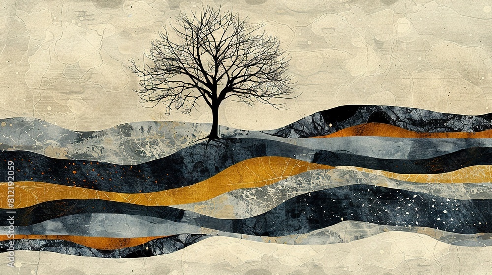 Aufkleber a stunning depiction of a tree perched atop a hill against an azure backdrop, with crashing waves in