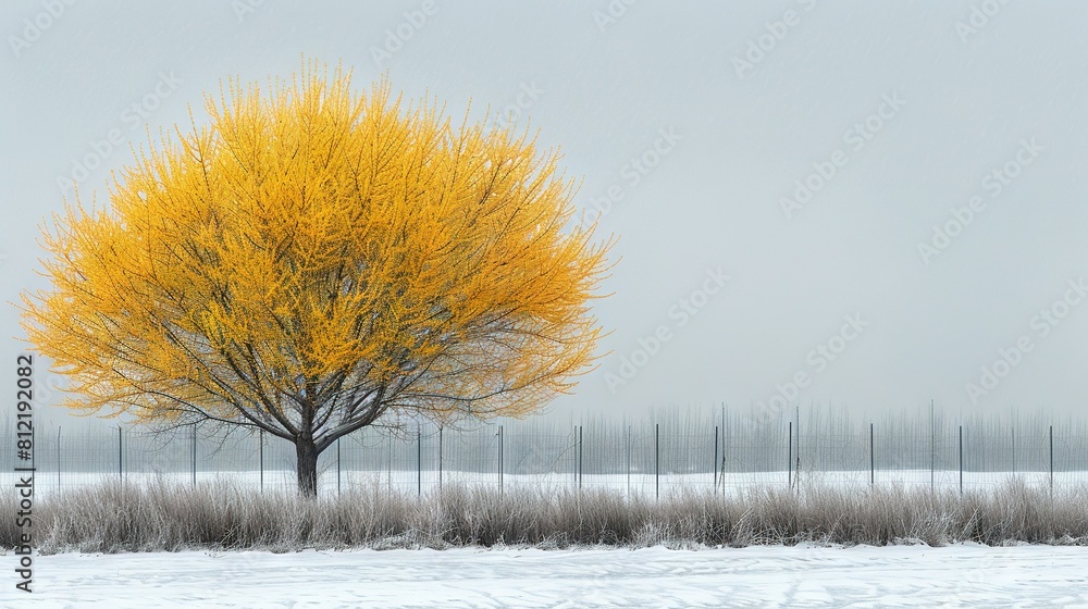 Poster a lonely tree stands in a snow-covered field with a yellow-leafed tree in the foreground and a fence