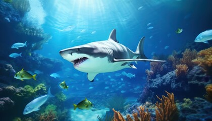 Fototapeta premium The great White Shark in the ocean, portrait of White shark hunting prey in the underwater