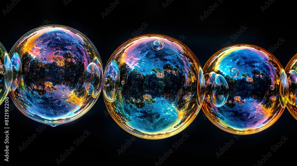 Poster a cluster of soap bubbles rests beside one another atop a dark surface against a backdrop of trees