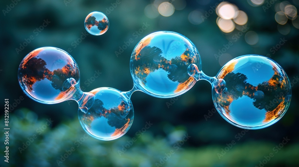 Poster group of bubbles floating in sky with trees behind them and blue background