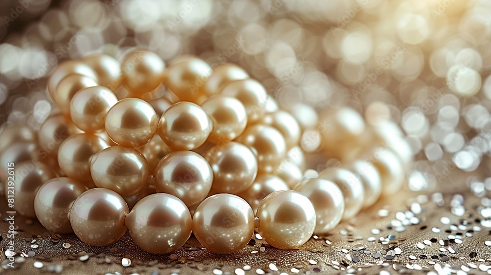 Poster a close-up of pearls on a sequined tablecloth with sparkling background