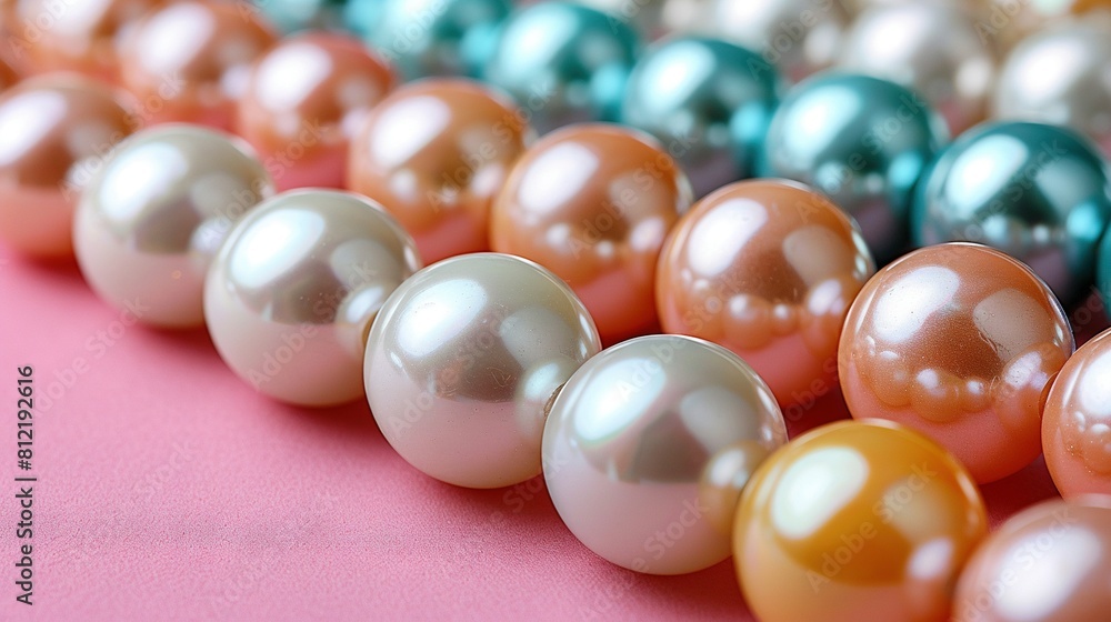 Poster pink surface with multi-colored pearls on top, next to another row of multi-colored pearls