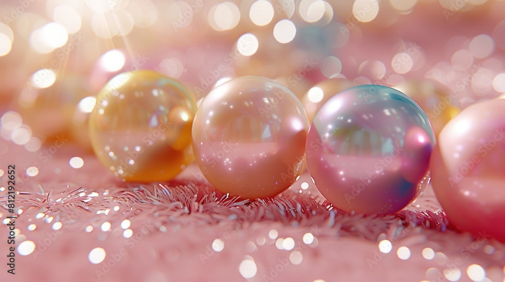 Poster a collection of multicolored spheres resting on a pink background alongside a field of snowflakes