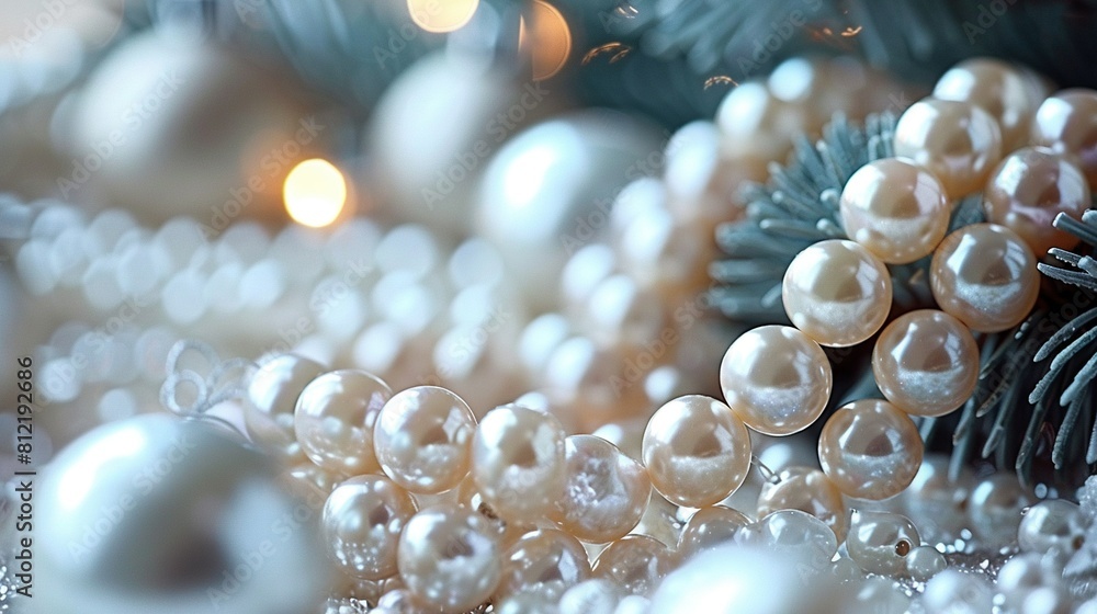 Poster a close-up of pearls on a christmas tree with a pine cone in the foreground and lights in the backgr