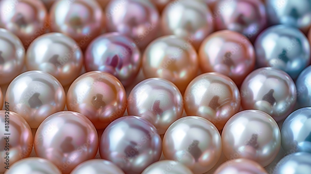 Poster a close-up image of multicolored pearls on a white surface with a fuzzy background