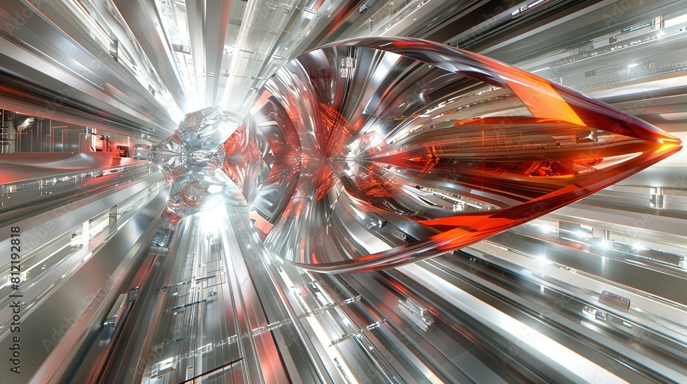 Poster a close-up of a metallic structure with an orange and red object at its center, and a white object i
