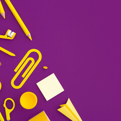 School accessories on purple background. Back to school. Flat lay.