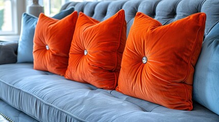  Orange-blue pillows rest on a blue couch in front of a sunlit window