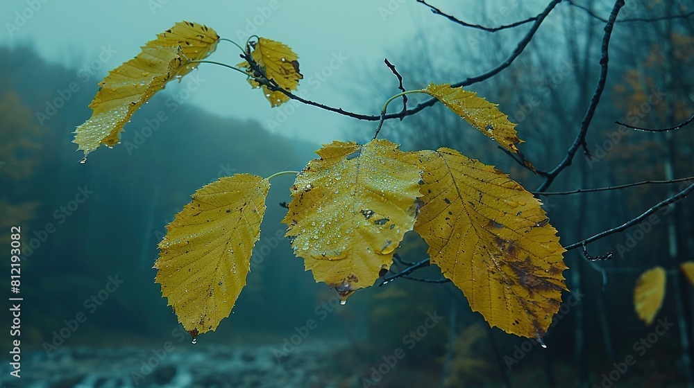 Poster a zoomed-in image of a tree leaf with water drops on it, set against a backdrop of a flowing river