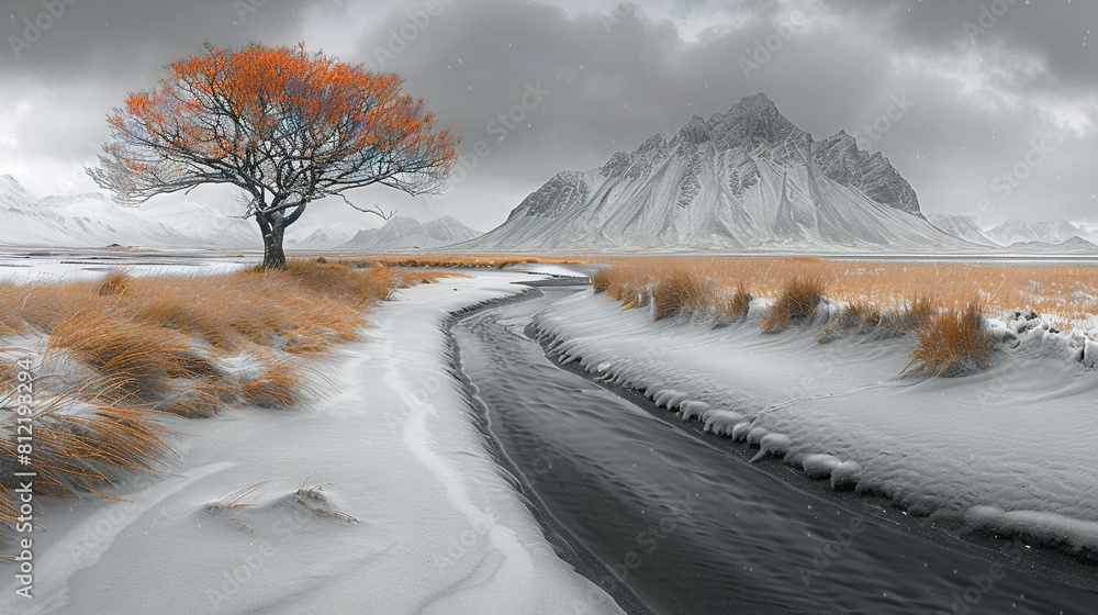 Aufkleber a snow-covered field with a lone tree in the foreground and a snow-capped mountain in the background